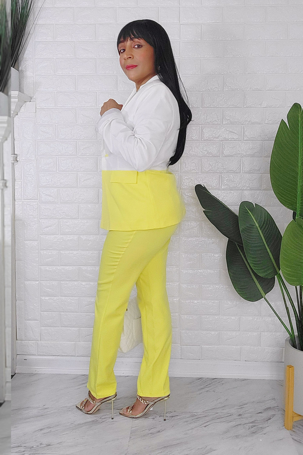 061824 The Yellow White European Angles Length Pant & Blazer set