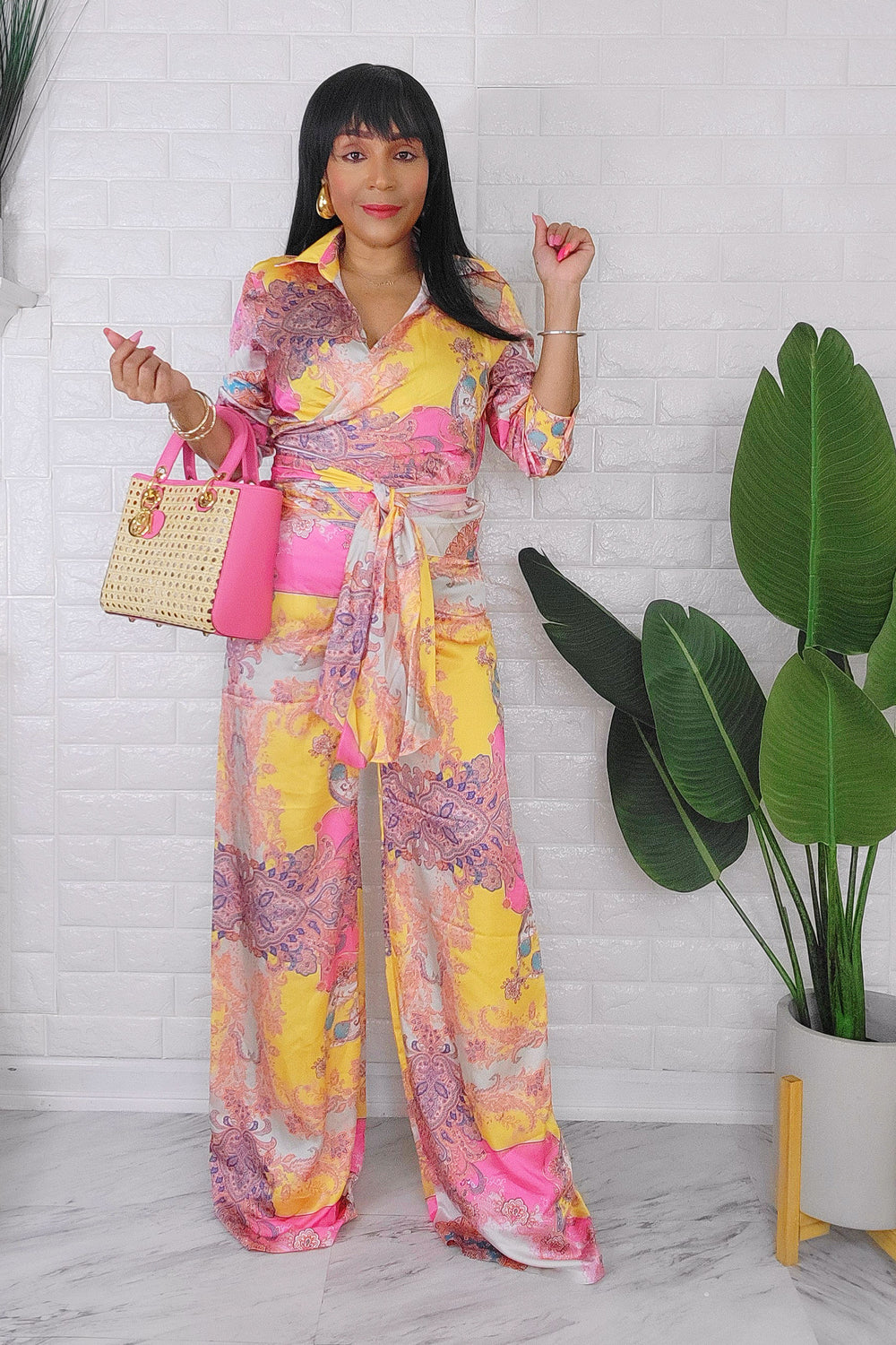 061124  Pink Yellow Wrap Top & High Waist Palazzo Pant