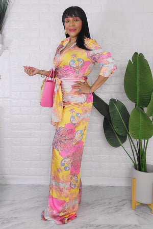 061124  Pink Yellow Wrap Top & High Waist Palazzo Pant