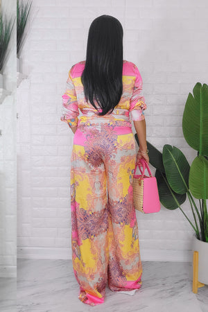 061124  Pink Yellow Wrap Top & High Waist Palazzo Pant