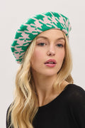 090925 Pink Green Houndstooth Knit Beret