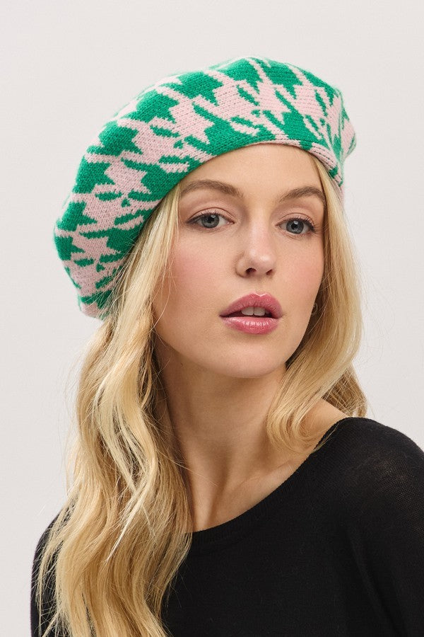 090925 Pink Green Houndstooth Knit Beret