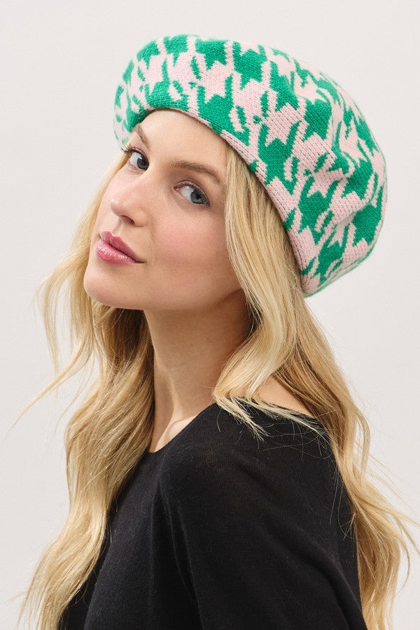 090925 Pink Green Houndstooth Knit Beret