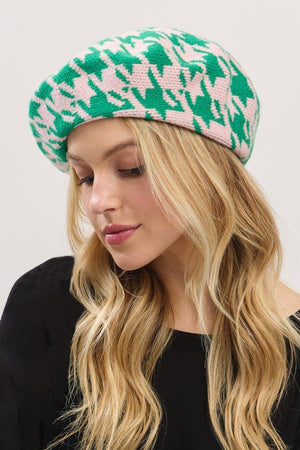 090925 Pink Green Houndstooth Knit Beret