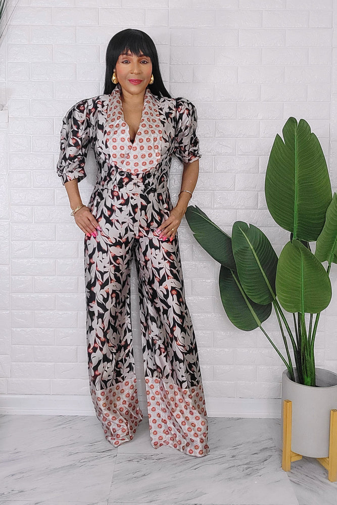 062624 The Brown Print Crop Top with Palazzo Pant Set