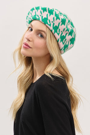 090925 Pink Green Houndstooth Knit Beret