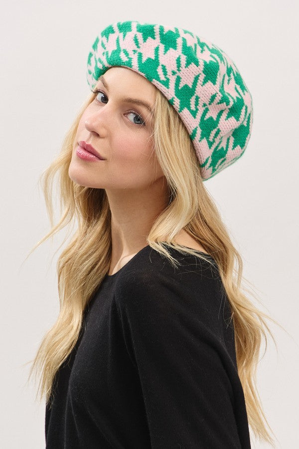090925 Pink Green Houndstooth Knit Beret