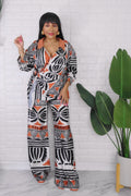 062624 The Brown African Print Faux Wrap Top with Palazzo Pant Set