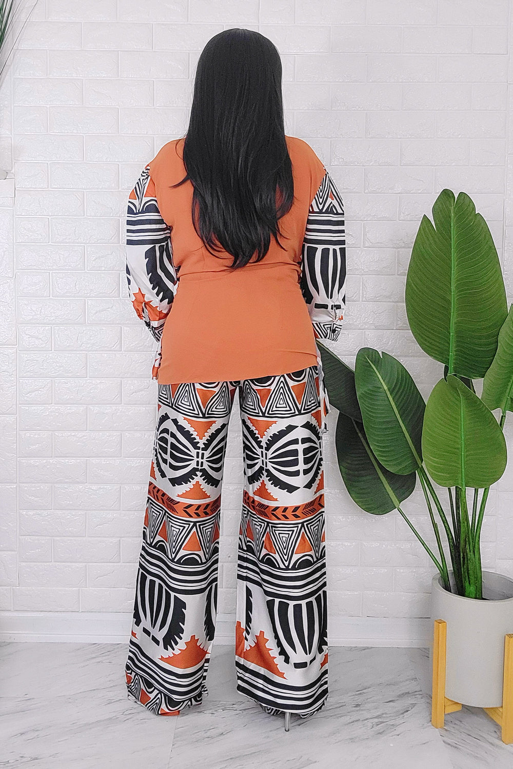 062624 The Brown African Print Faux Wrap Top with Palazzo Pant Set