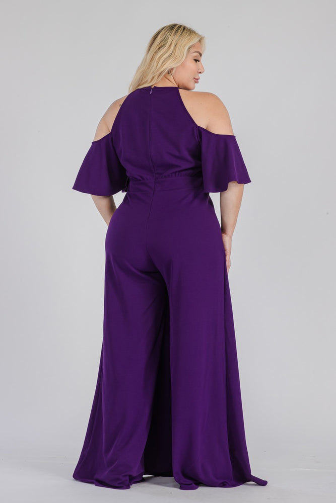 062024 Purple Cold Shoulder chiffon inserted jumpsuit