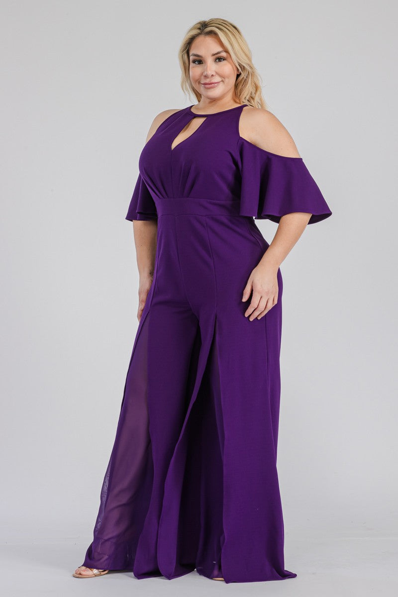 062024 Purple Cold Shoulder chiffon inserted jumpsuit