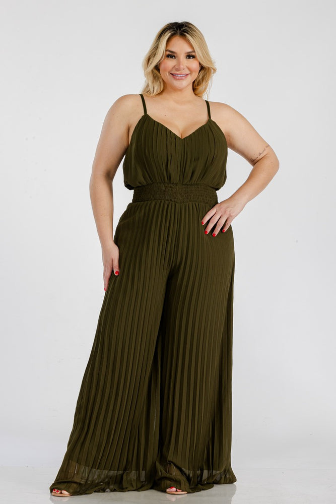062024 Olive Pleated Spaghetti Strips Jumpsuits