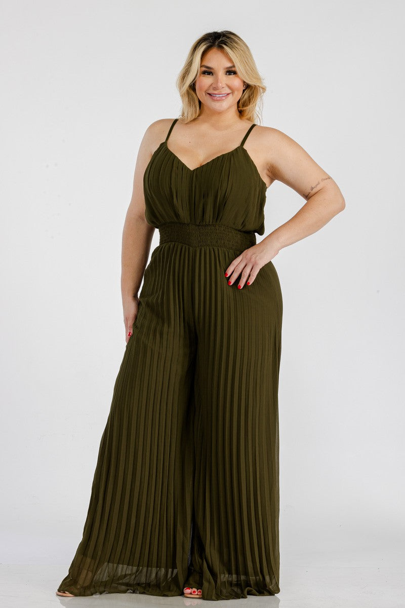 062024 Olive Pleated Spaghetti Strips Jumpsuits