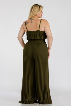 062024 Olive Pleated Spaghetti Strips Jumpsuits