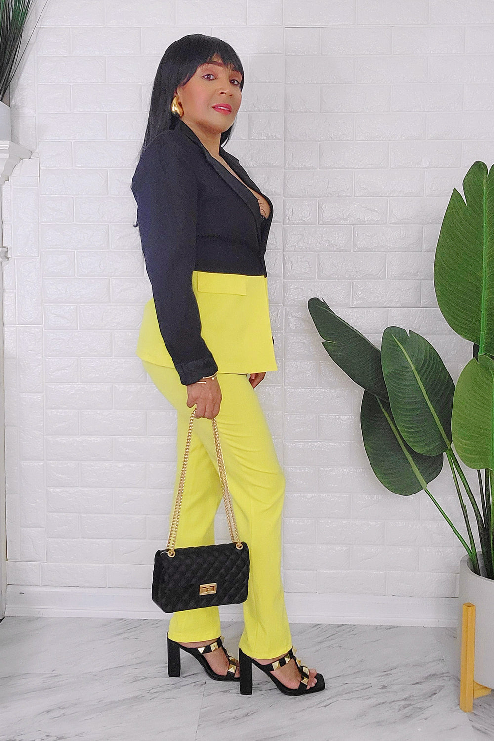 061924 The Black Yellow European Angles Length Pant & Blazer set