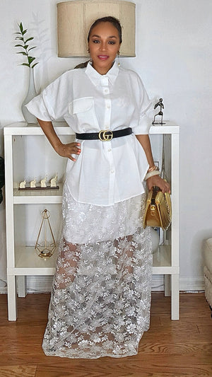 090525 The White Sheer Skirt & Long Sleeve Blouse Set