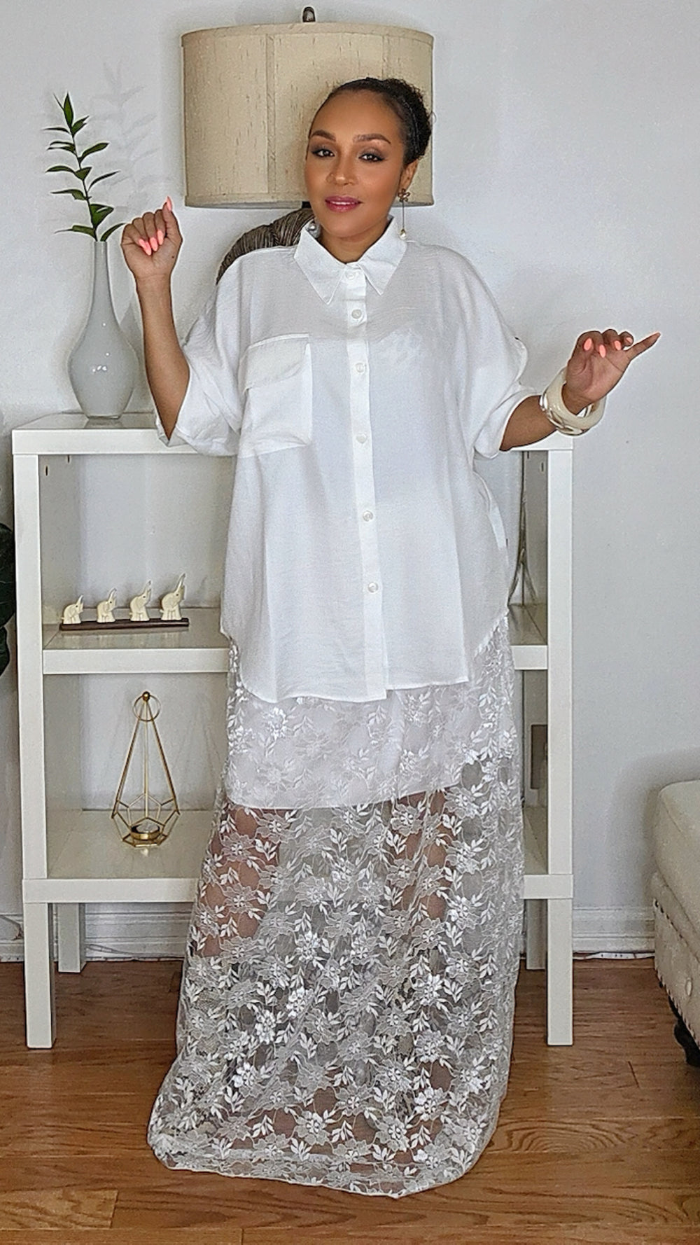 090525 The White Sheer Skirt & Long Sleeve Blouse Set