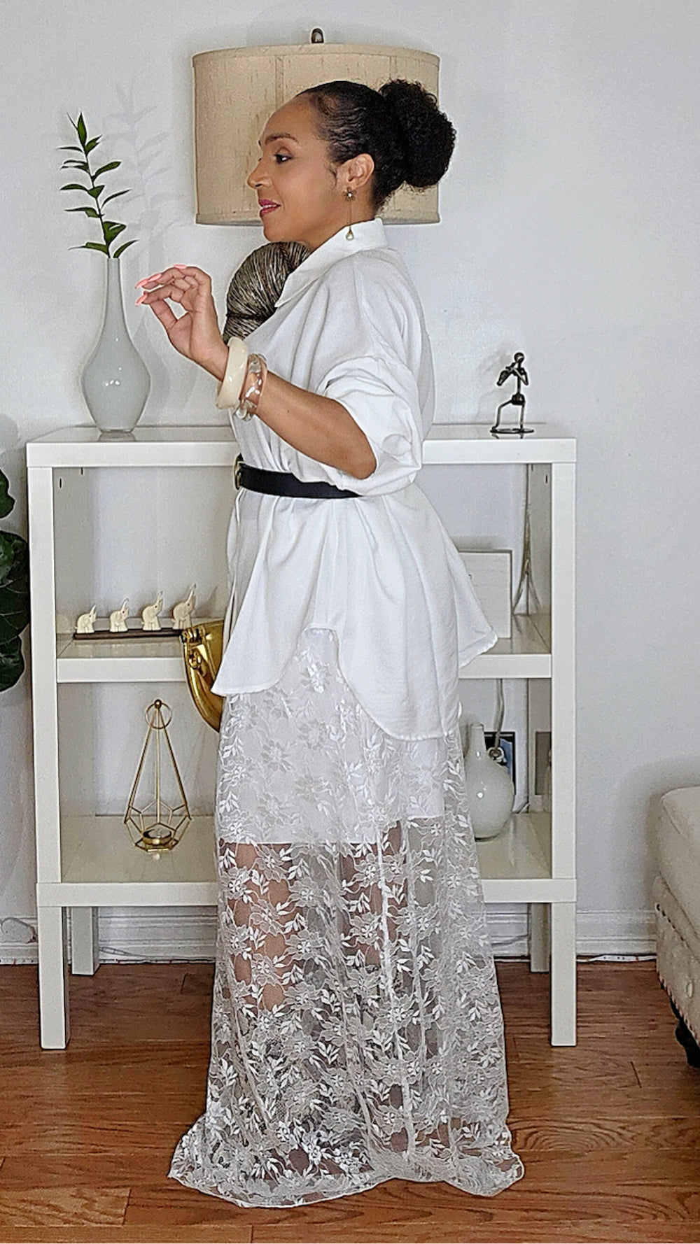 090525 The White Sheer Skirt & Long Sleeve Blouse Set