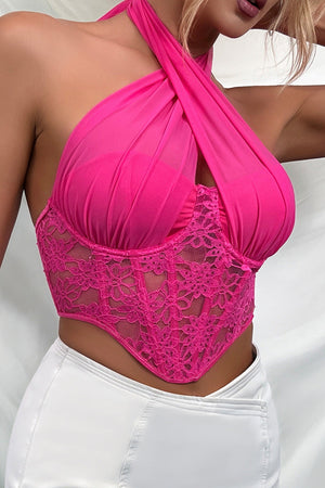 092425 Fuchsia Sheer Mesh & Lace Halter Corset Top