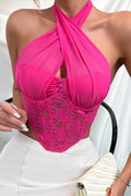 092425 Fuchsia Sheer Mesh & Lace Halter Corset Top