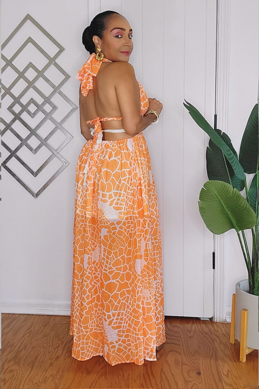 061924 The Orange Summer Halter Backless Dress with Front Split Large 061924 The Orange Summer Halter Backless Dress with Front Split Large