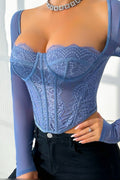 091525 The blue Sexy Lace Corset Top With Sheer Long Sleeves