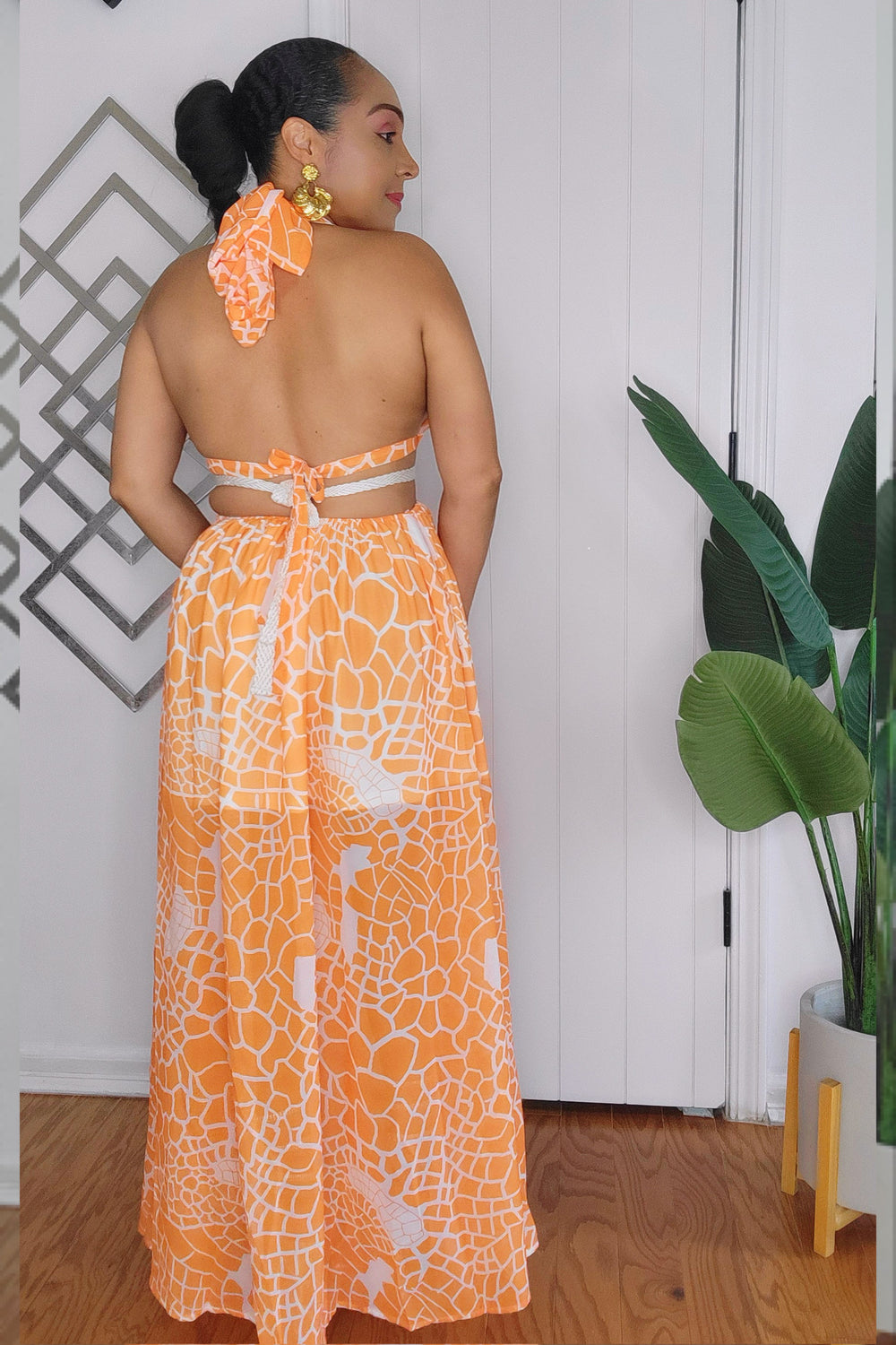 061924 The Orange Summer Halter Backless Dress with Front Split