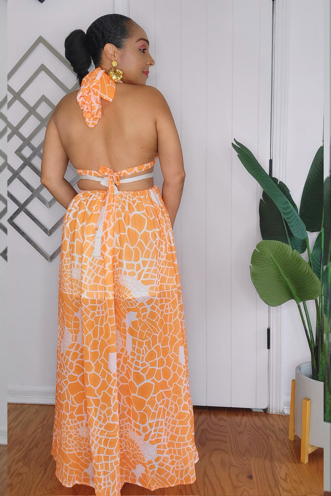 061924 The Orange Summer Halter Backless Dress with Front Split