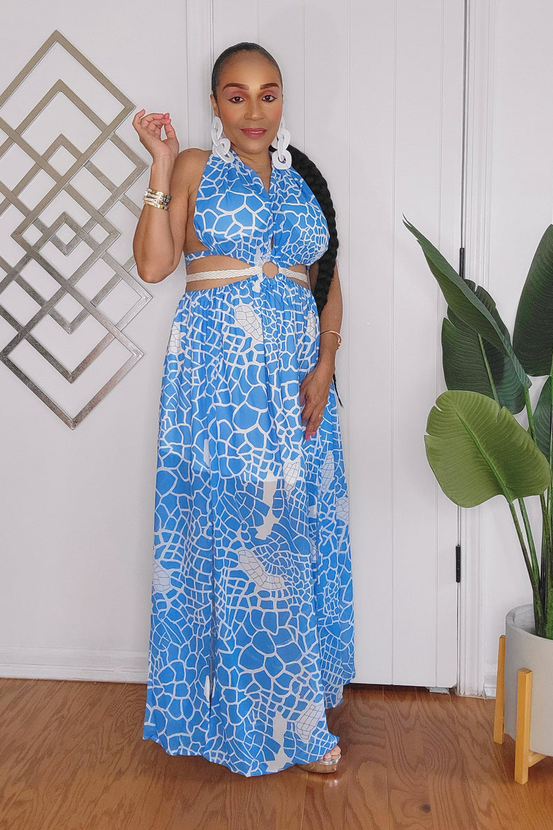 061924 The Blue Summer Halter Backless Dress with Front Split UNIK-ELEGANCE 061924 The Blue Summer Halter Backless Dress with Front Split UNIK-ELEGANCE