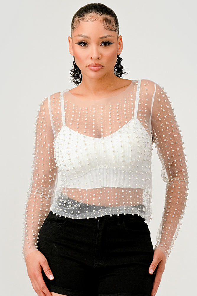092425 Pearl Rhinestones Sheer Mesh Long Sleeve Top- White