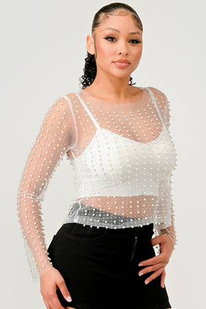 092425 Pearl Rhinestones Sheer Mesh Long Sleeve Top- White