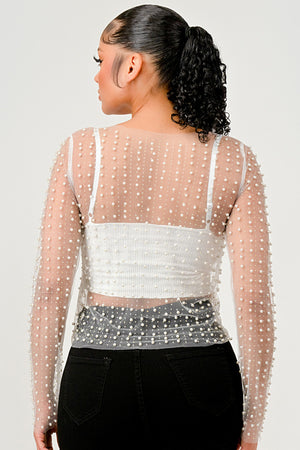 092425 Pearl Rhinestones Sheer Mesh Long Sleeve Top- White