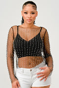 092425 Pearl Rhinestones Sheer Mesh Long Sleeve Top- Black