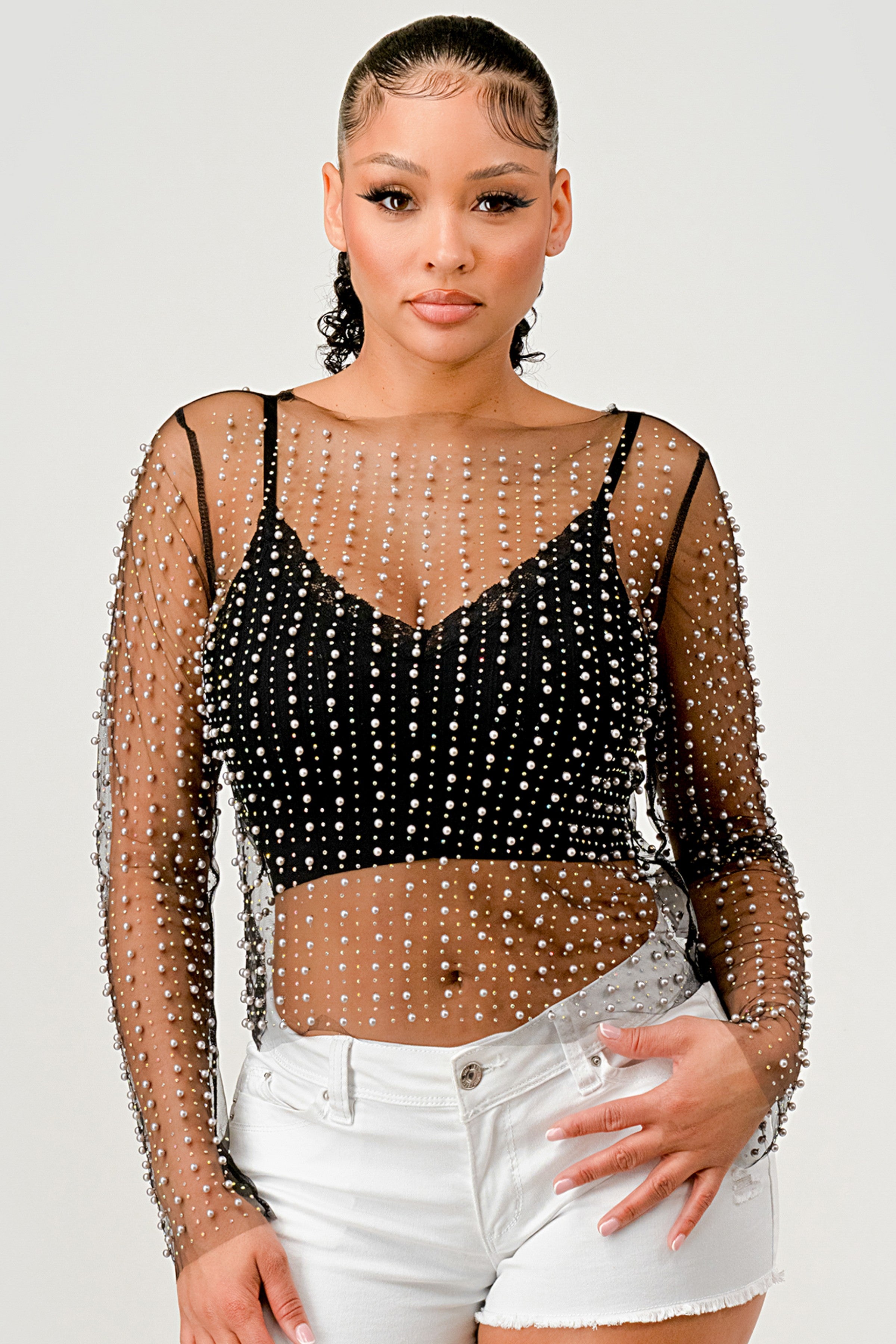 092425 Pearl Rhinestones Sheer Mesh Long Sleeve Top- Black