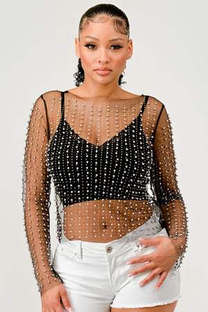 092425 Pearl Rhinestones Sheer Mesh Long Sleeve Top- Black