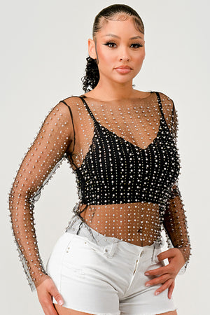 092425 Pearl Rhinestones Sheer Mesh Long Sleeve Top- Black