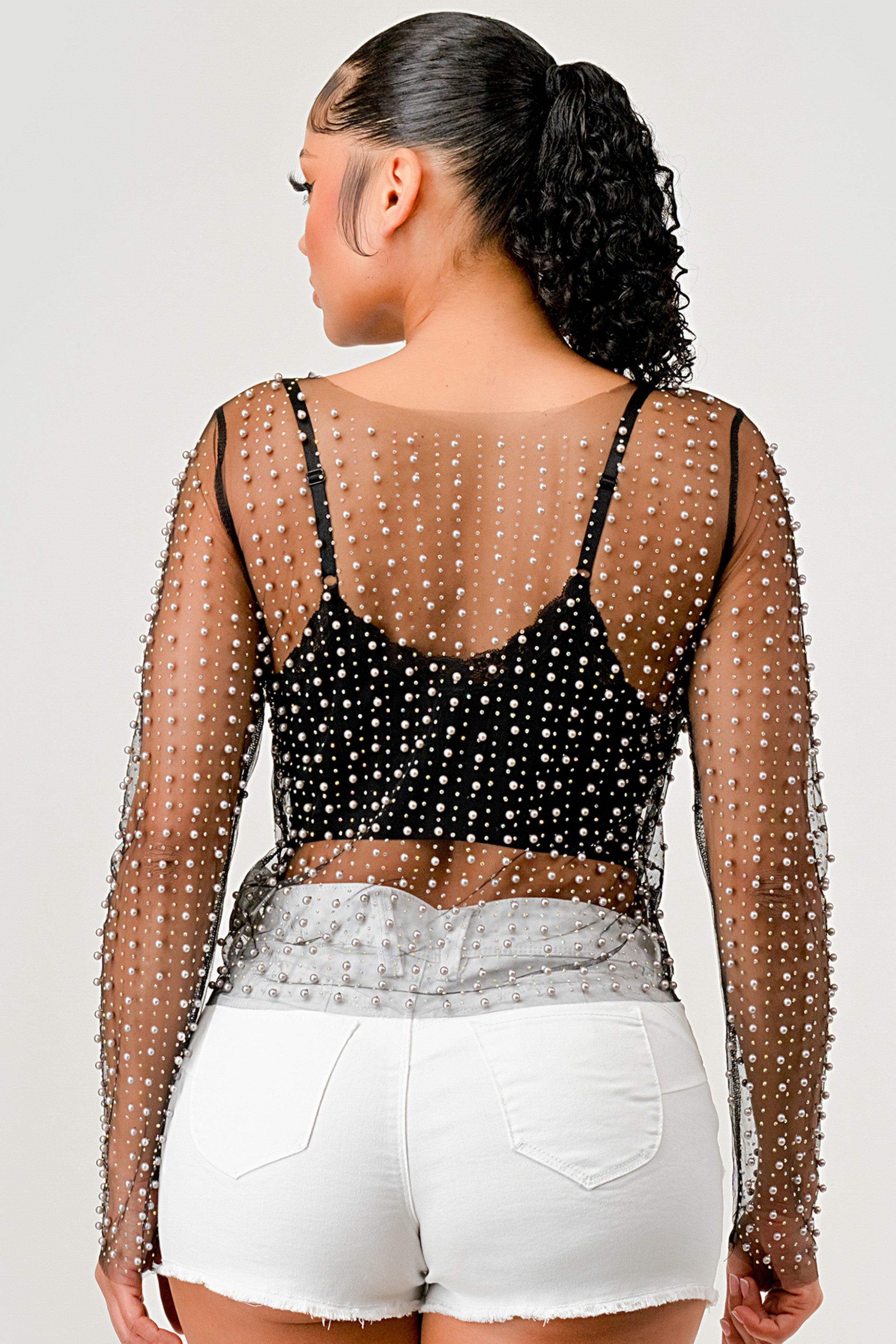 092425 Pearl Rhinestones Sheer Mesh Long Sleeve Top- Black
