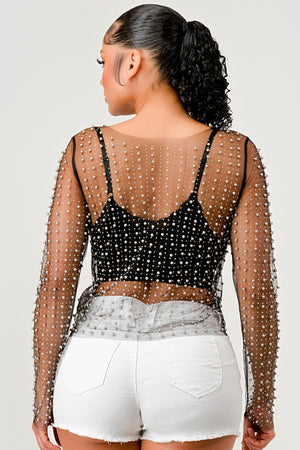 092425 Pearl Rhinestones Sheer Mesh Long Sleeve Top- Black