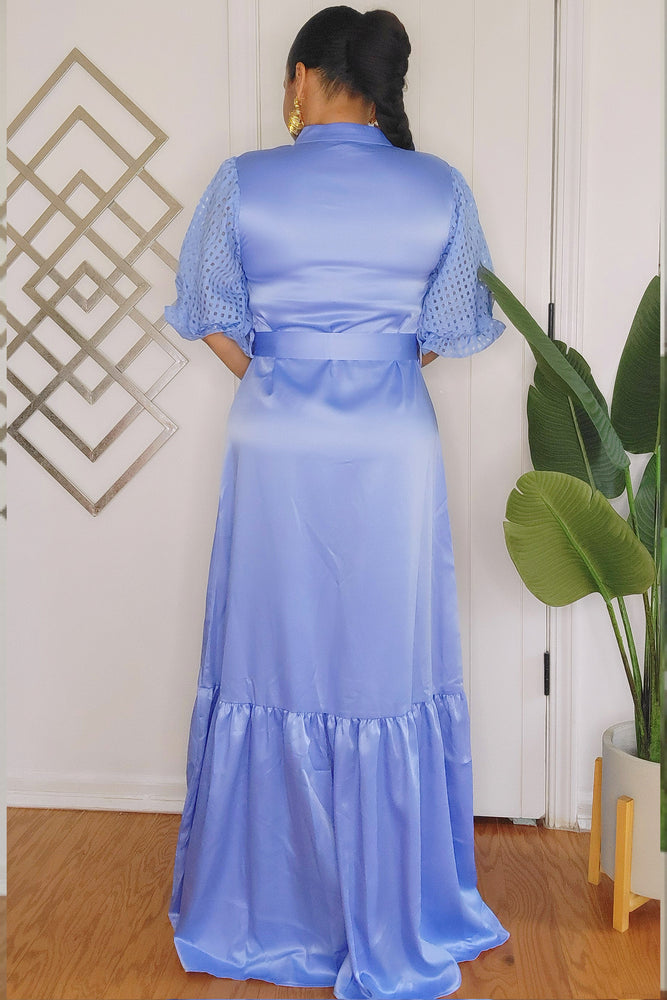 061924 Ice Blue Maxi Dress with Lace Short Puff Sleeve