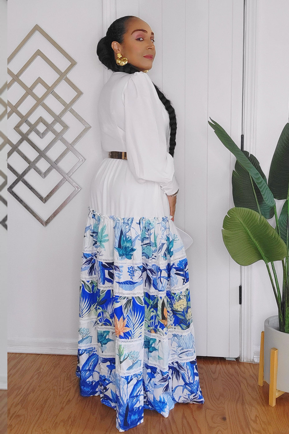 061924 White Tiered Creole Long Sleeve Maxi Dress