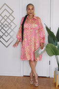 062024 Coral Multi Print Long Sleeve Button Down Short Tunic Dress