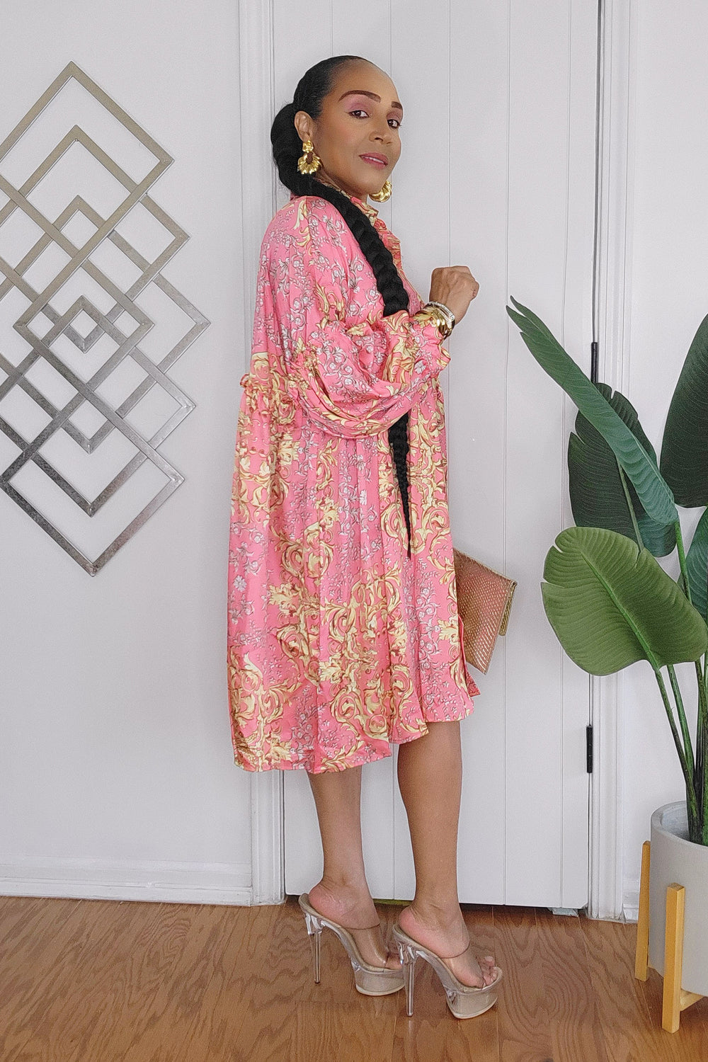 062024 Coral Multi Print Long Sleeve Button Down Short Tunic Dress