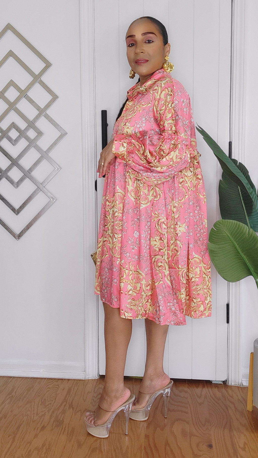 062024 Coral Multi Print Long Sleeve Button Down Short Tunic Dress