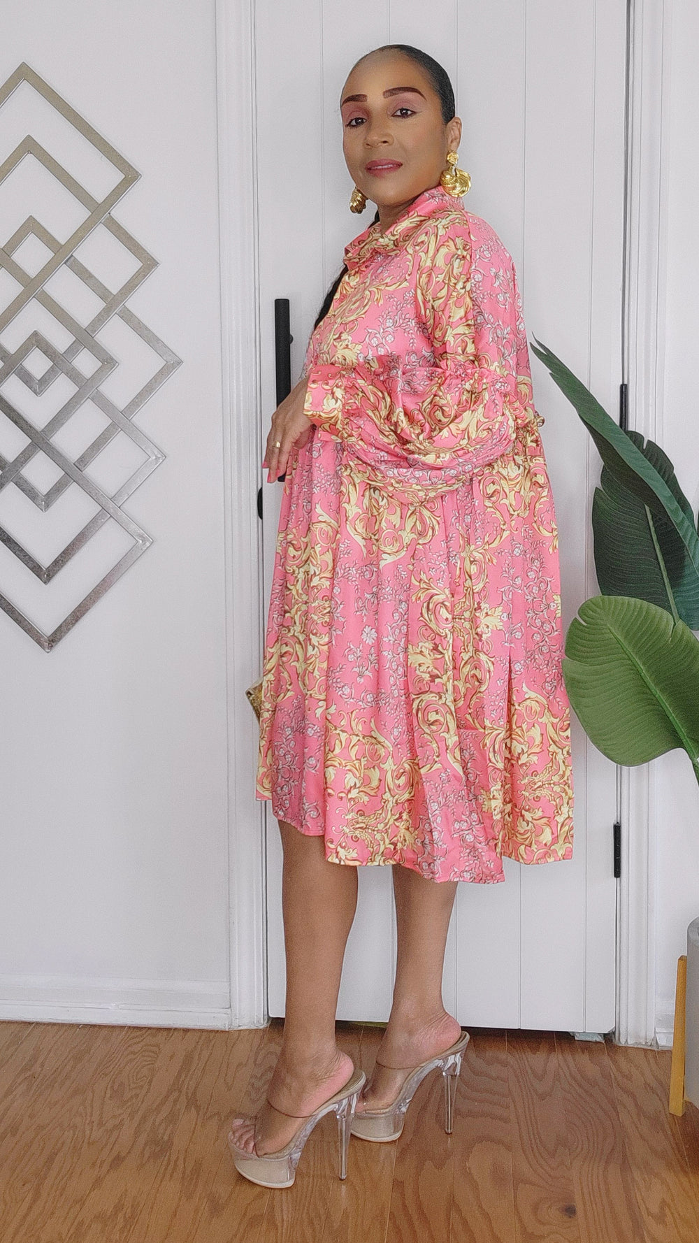 062024 Coral Multi Print Long Sleeve Button Down Short Tunic Dress