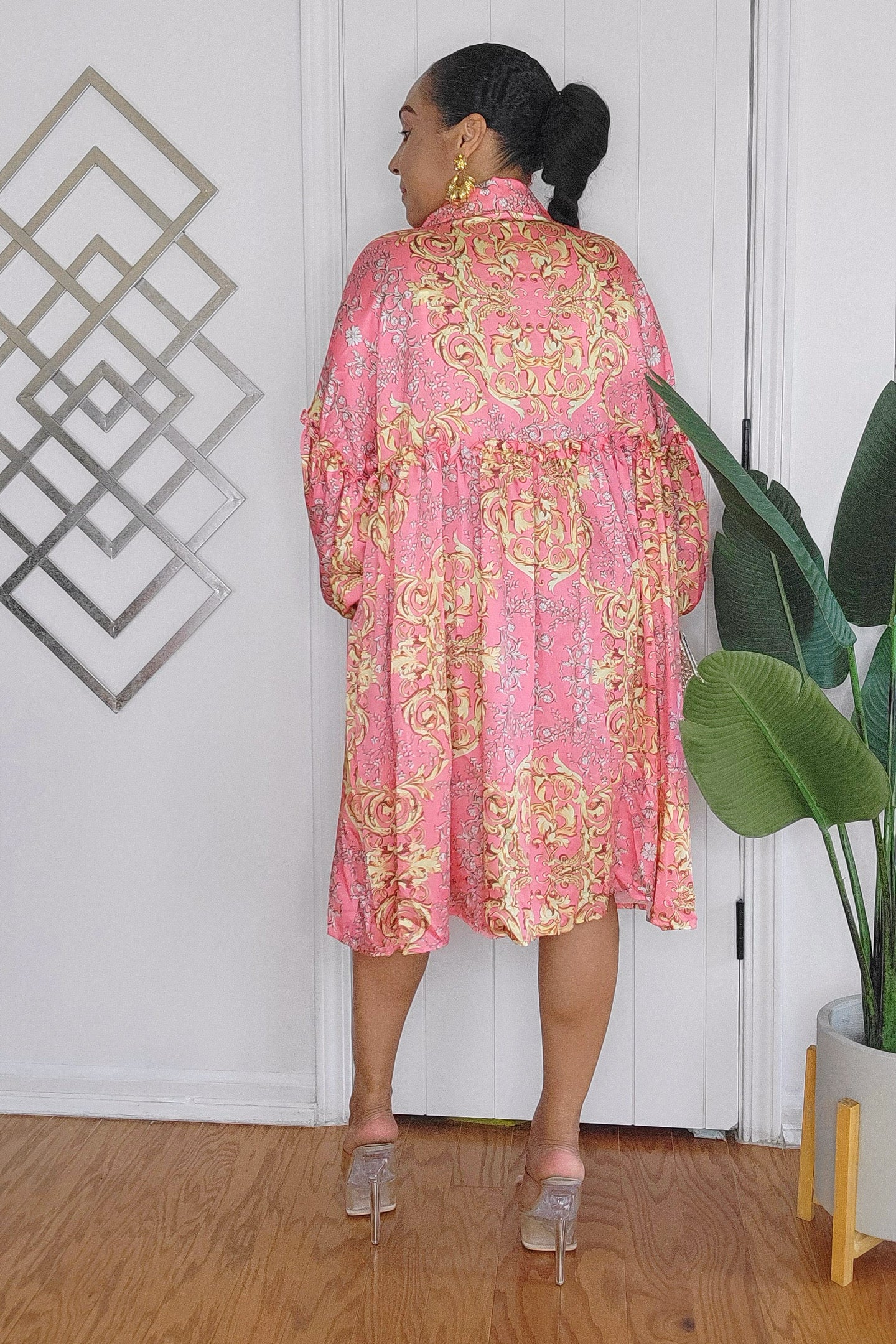 062024 Coral Multi Print Long Sleeve Button Down Short Tunic Dress