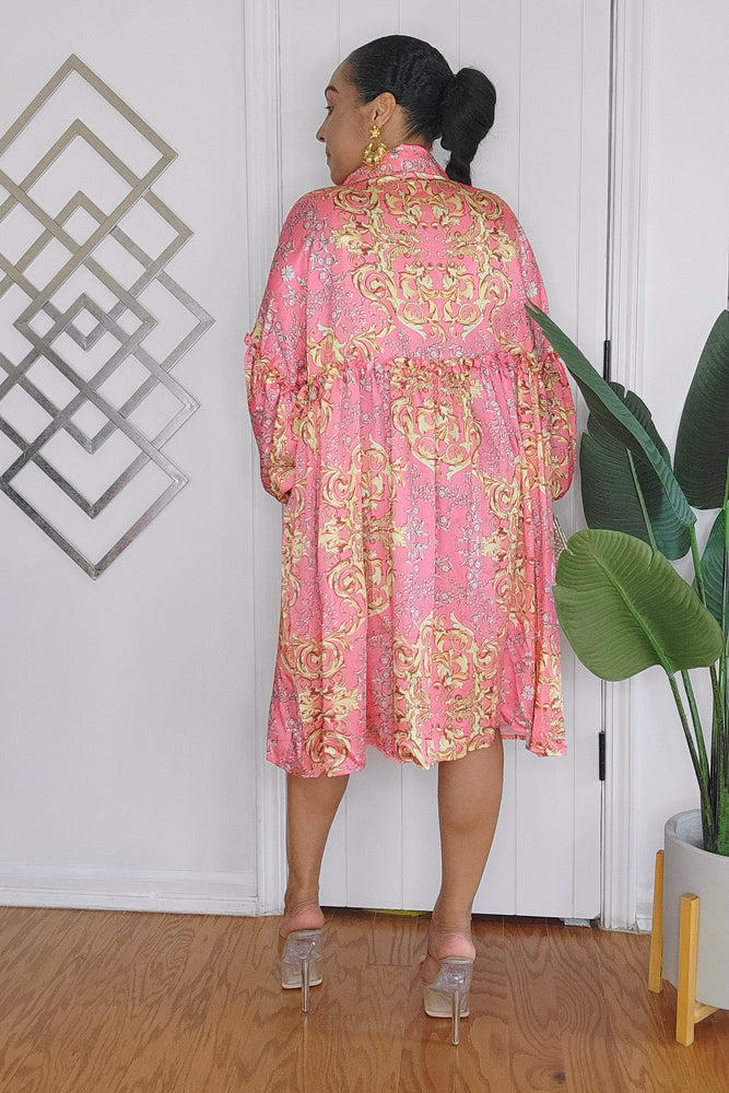 062024 Coral Multi Print Long Sleeve Button Down Short Tunic Dress