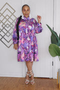 062024 Purple Multi Print Long Sleeve Button Down Short Tunic Dress