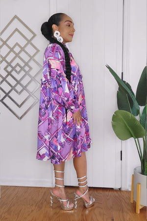 062024 Purple Multi Print Long Sleeve Button Down Short Tunic Dress