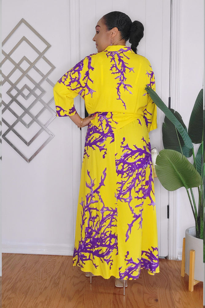 062024 The Yellow/Purple Print Skirt & Button Down Top