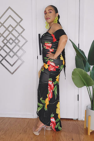 062024 Black Floral Ruched Off Shoulder Dress